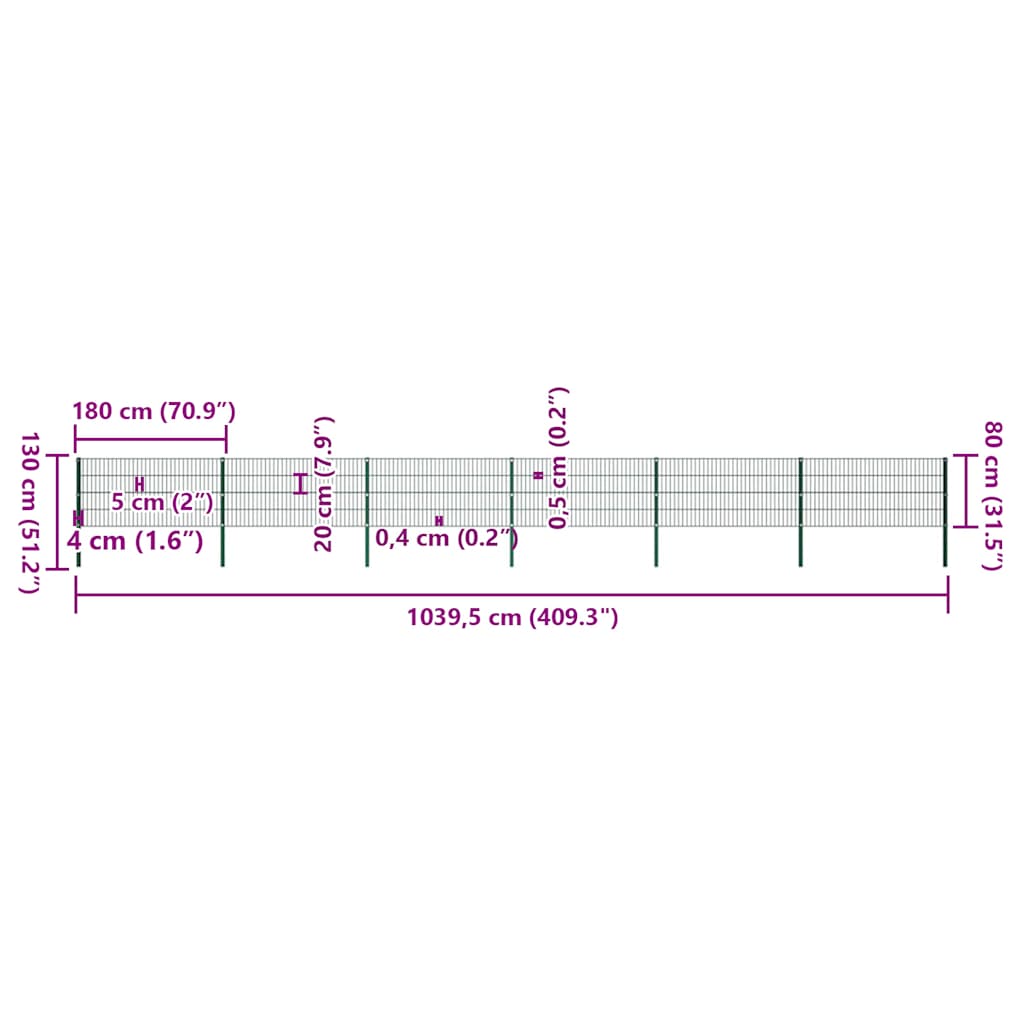 vidaXL Πάνελ Περίφραξης με Στύλους Σιδερένιο Πράσινο 1040x80 εκ.