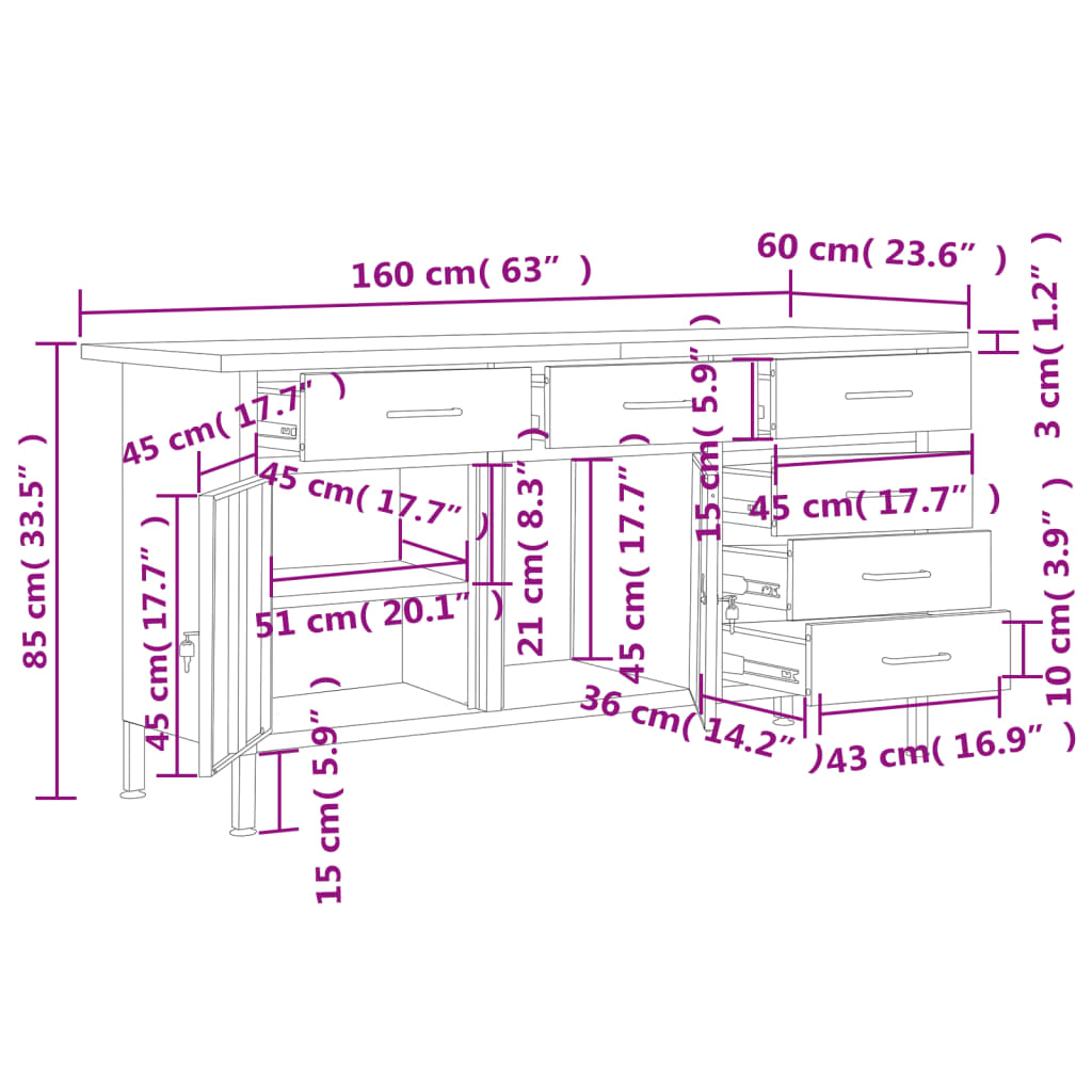 vidaXL Πάγκος Εργασίας Μαύρος 160 x 60 x 85 εκ. Ατσάλινος