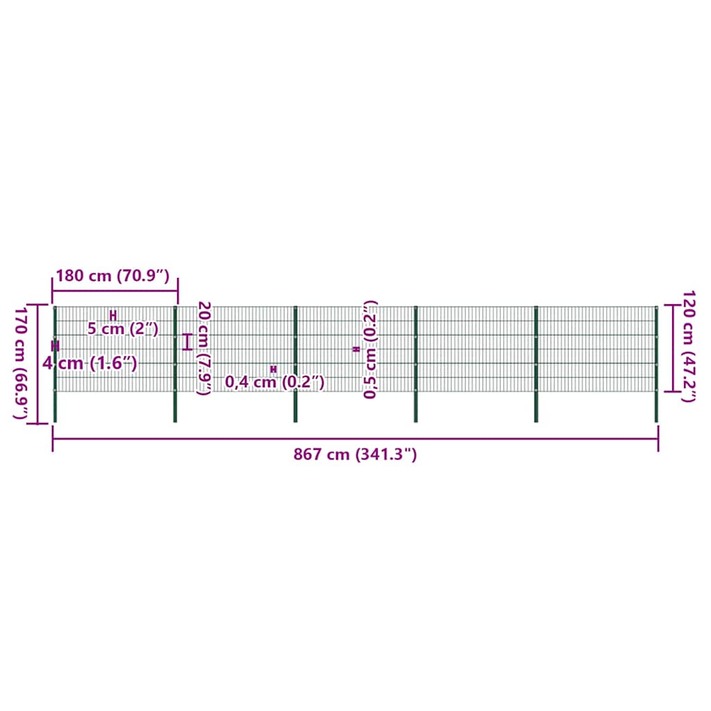 vidaXL Πάνελ Περίφραξης με Στύλους Σιδερένιο Πράσινο 867 x 120 εκ.