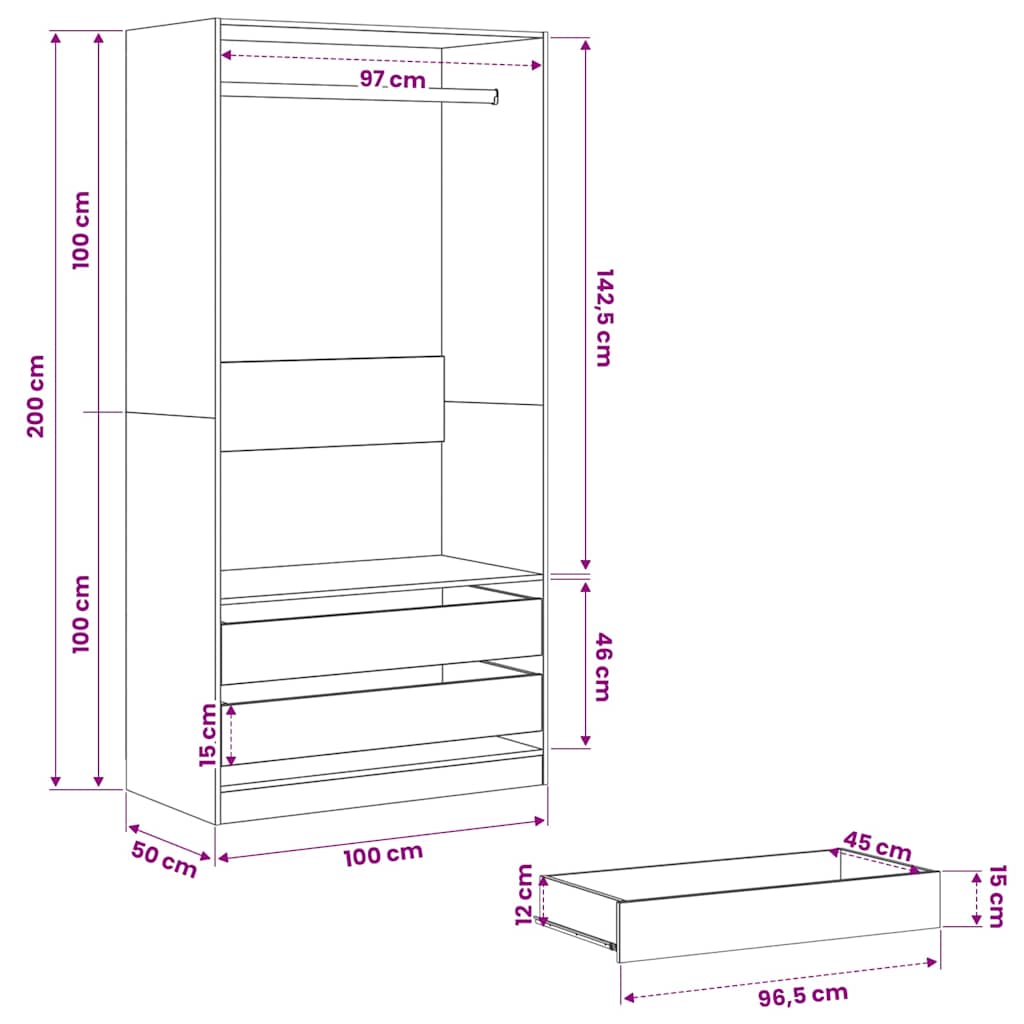 vidaXL Ντουλάπα Γκρι του Σκυροδέματος 100 x 50 x 200 εκ. Επεξ. Ξύλο