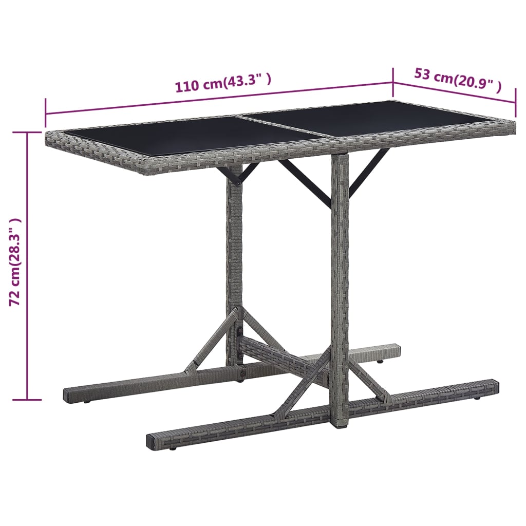 vidaXL Τραπέζι Κήπου Ανθρακί 110x53x72 εκ. Γυάλινο και Συνθετικό ρατάν