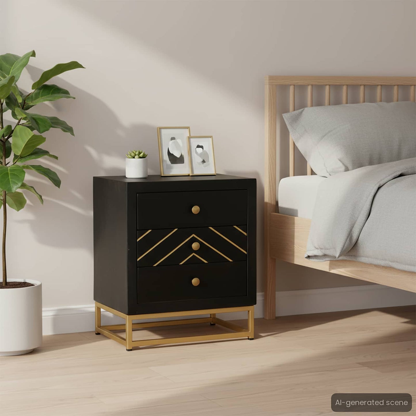 vidaXL Κομοδίνο Μαύρο / Χρυσό 40 x 30 x 50 εκ. από Μασίφ Ξύλο Μάνγκο
