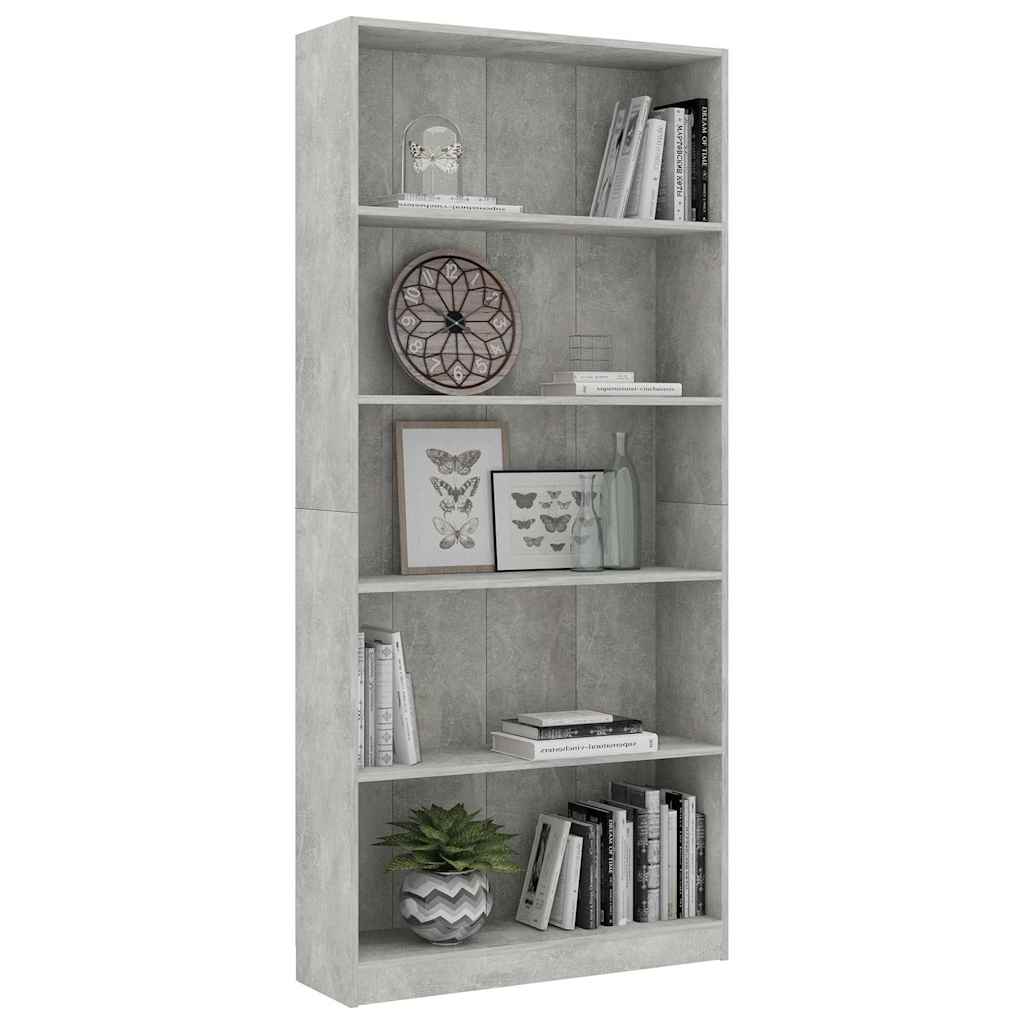 vidaXL Βιβλιοθήκη 5 Ράφια Γκρι Σκυροδέματος 80x24x175 εκ. Επεξ. Ξύλο