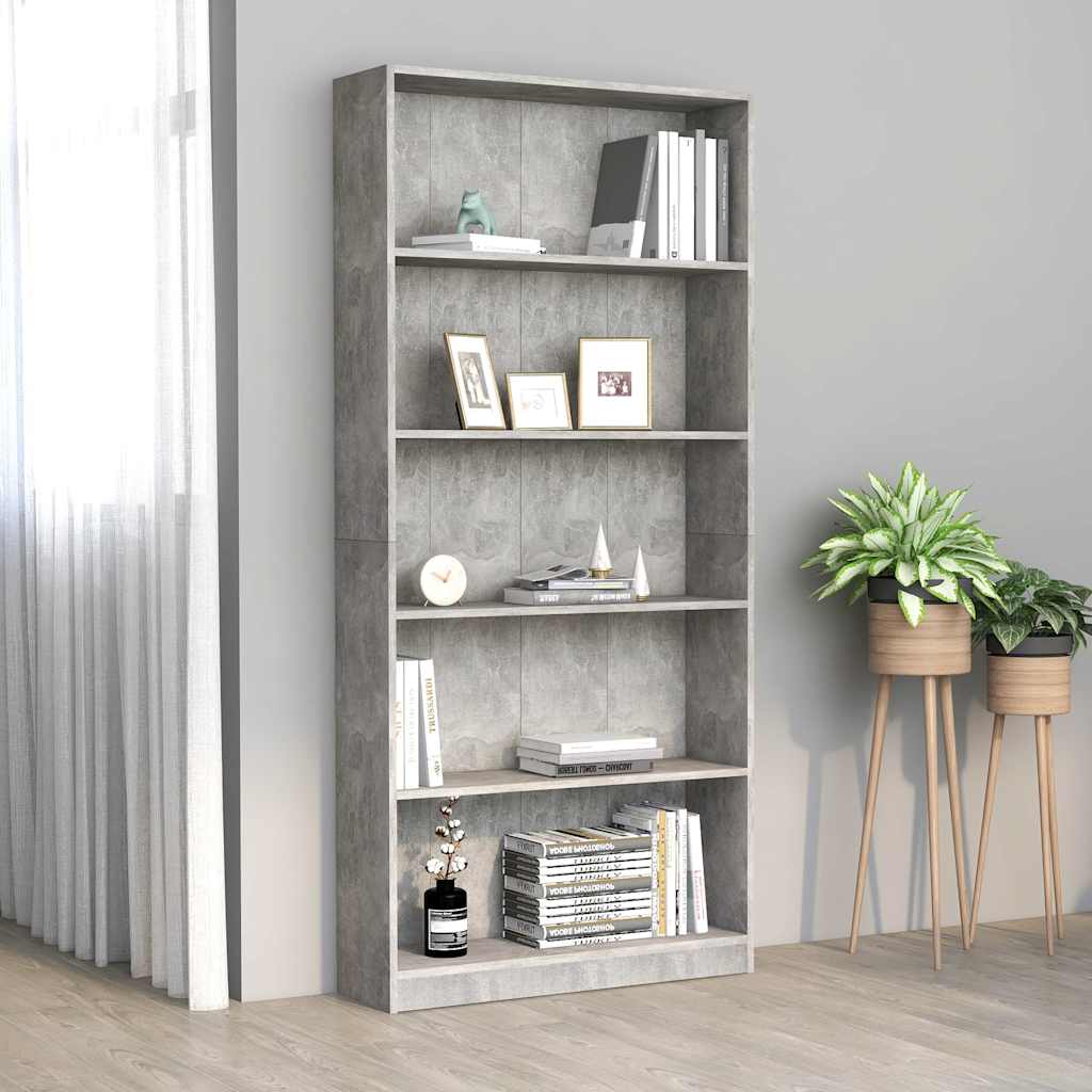 vidaXL Βιβλιοθήκη 5 Ράφια Γκρι Σκυροδέματος 80x24x175 εκ. Επεξ. Ξύλο