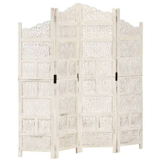 vidaXL Παραβάν Σκαλιστό στο Χέρι 4 Πάνελ Λευκό 160x165 εκ. Ξύλο Μάνγκο