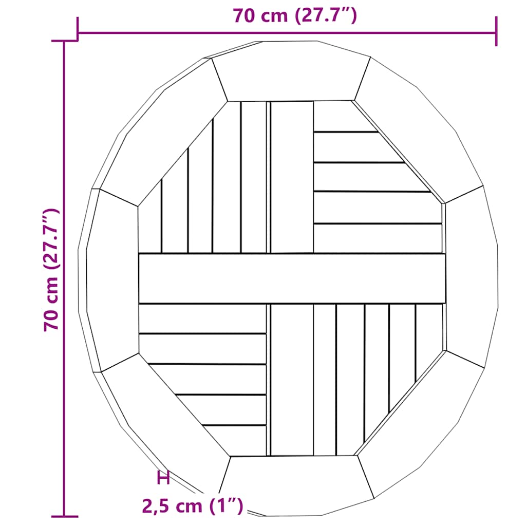 vidaXL Επιφάνεια Τραπεζιού Στρογγυλή 2,5 εκ. 70 εκ. Μασίφ Ξύλο Teak