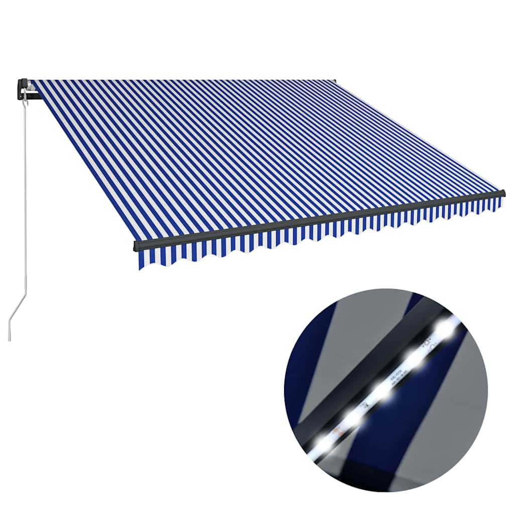 vidaXL Χειροκίνητη τέντα με ηλιακό LED 4,5 x 3 m Μπλε και Λευκή Ράβδος