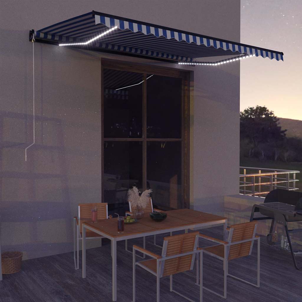 vidaXL Χειροκίνητη τέντα με ηλιακό LED 4,5 x 3 m Μπλε και Λευκή Ράβδος