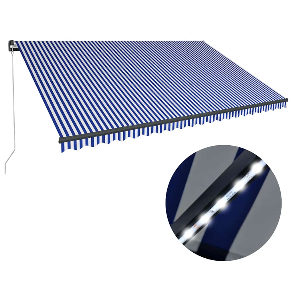 vidaXL Χειροκίνητη τέντα με ηλιακό LED 5 x 3 m Μπλε και Λευκή Ράβδος