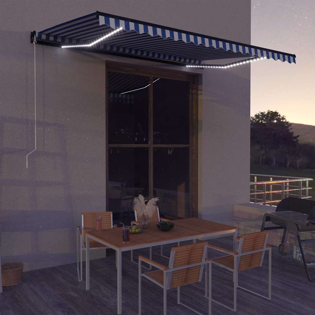 vidaXL Χειροκίνητη τέντα με ηλιακό LED 5 x 3 m Μπλε και Λευκή Ράβδος