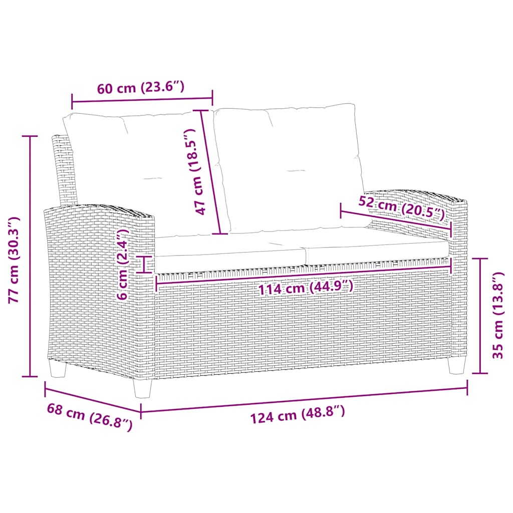 vidaXL Καναπές Κήπου Διθέσιος Γκρι 124 εκ. Συνθ. Ρατάν με Μαξιλάρια