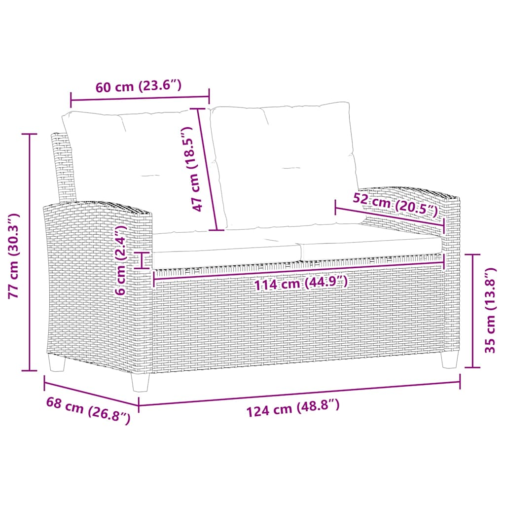 vidaXL Καναπές Κήπου Διθέσιος Μαύρος 124 εκ. Συνθ. Ρατάν με Μαξιλάρια