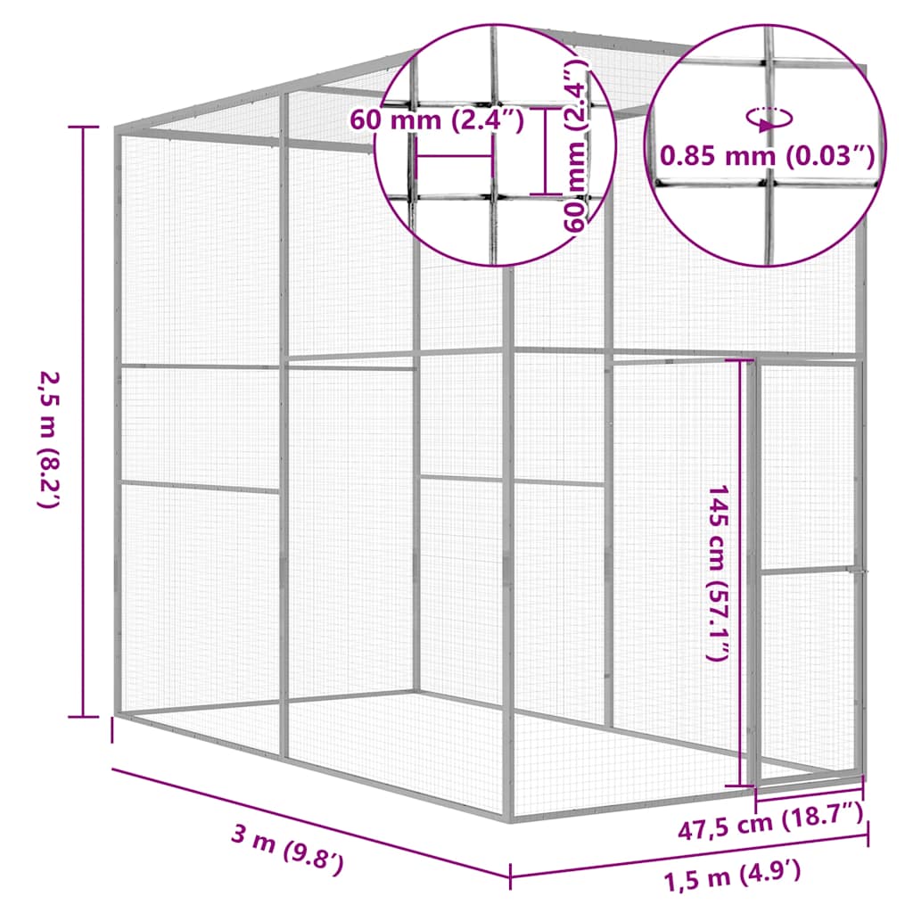 vidaXL Κλουβί Γάτας 3 x 1,5 x 2,5 μ. από Γαλβανισμένο Χάλυβα