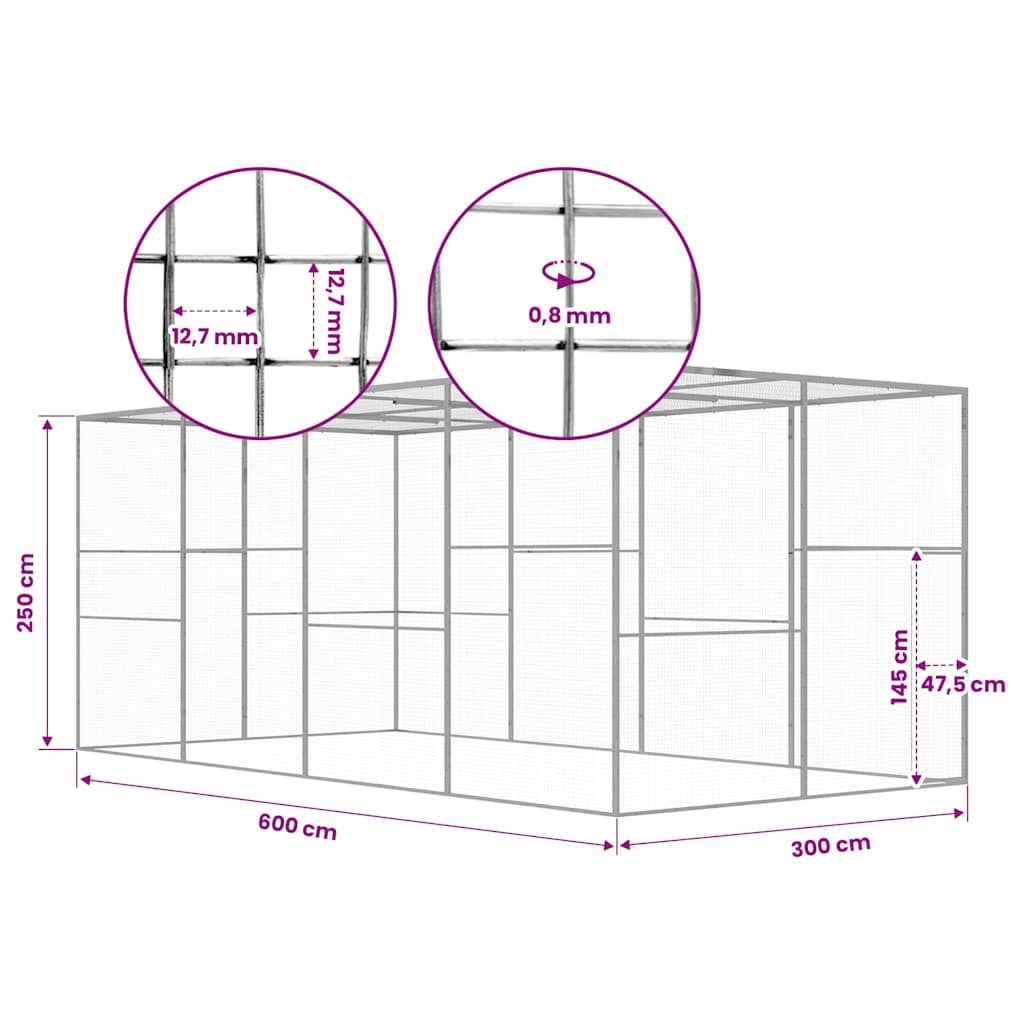 vidaXL Κλουβί Γάτας 6 x 3 x 2,5 μ. από Γαλβανισμένο Χάλυβα
