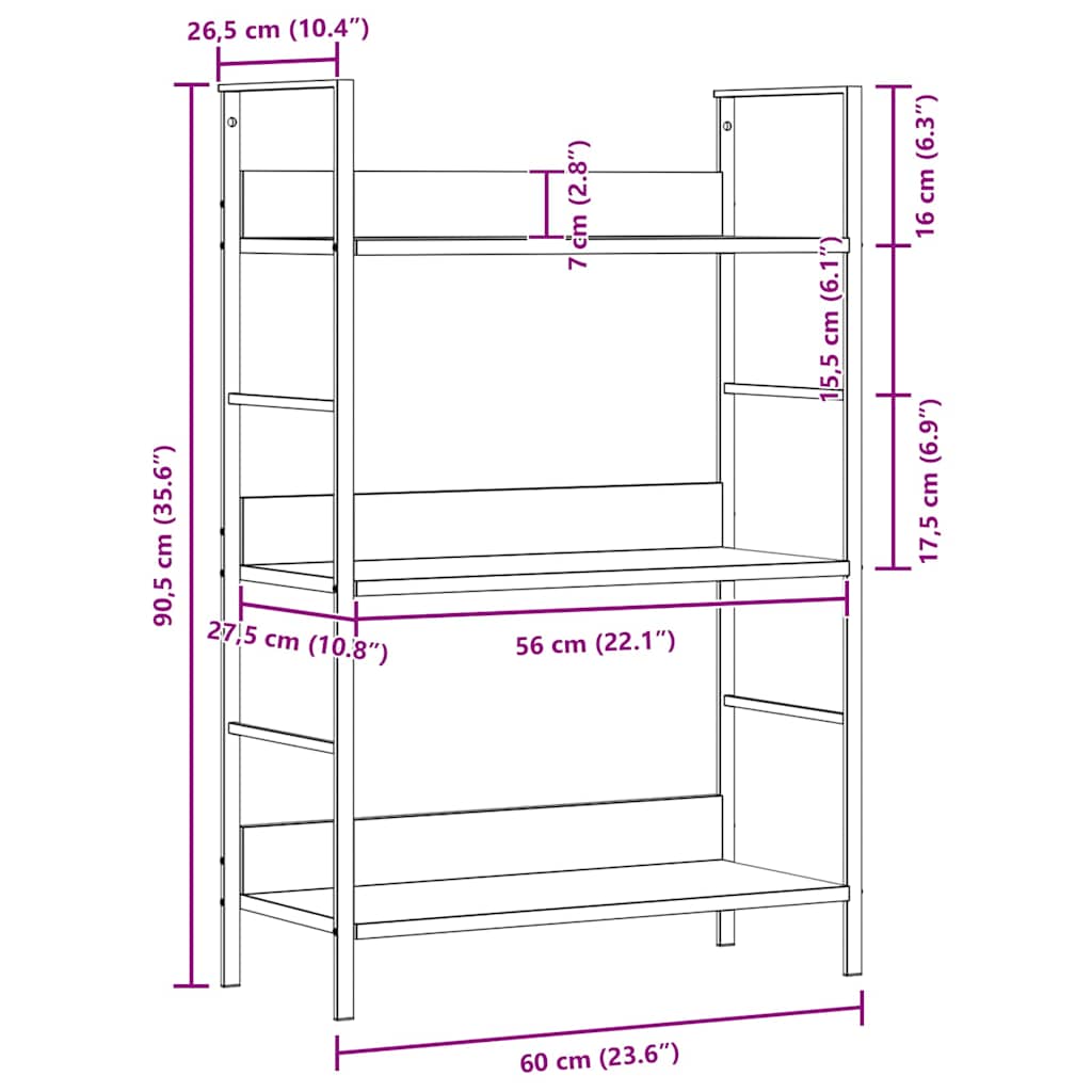 vidaXL Ραφιέρα 3 Επιπέδων Λευκή 60x27,6x90,5 εκ. Επεξεργασμένο Ξύλο