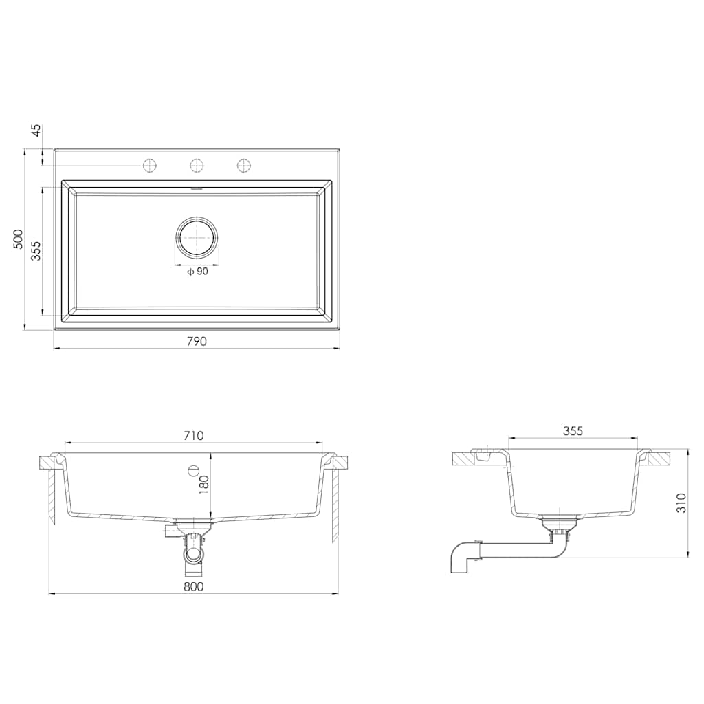 vidaXL Σιντρινο κουζίνας Μαύρο 79 x 50 x 31 εκ. Γρανίτης