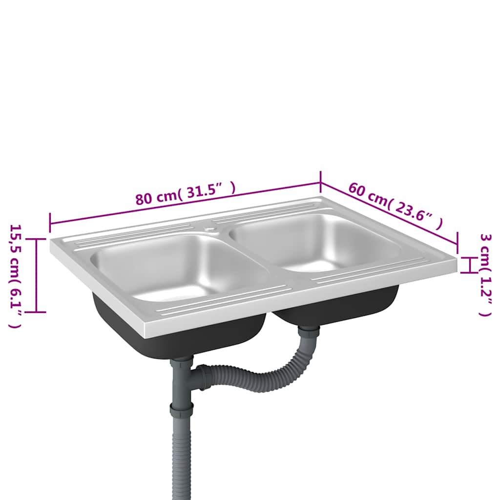 vidaXL Νεροχύτης Διπλή Γούρνα Ασημί 800x600x155 χιλ. Ανοξείδωτο Ατσάλι