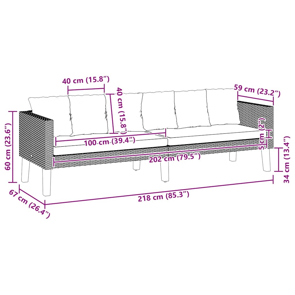 vidaXL Καναπές Κήπου Τριθέσιος Μαύρος από Συνθετικό Ρατάν με Μαξιλάρια