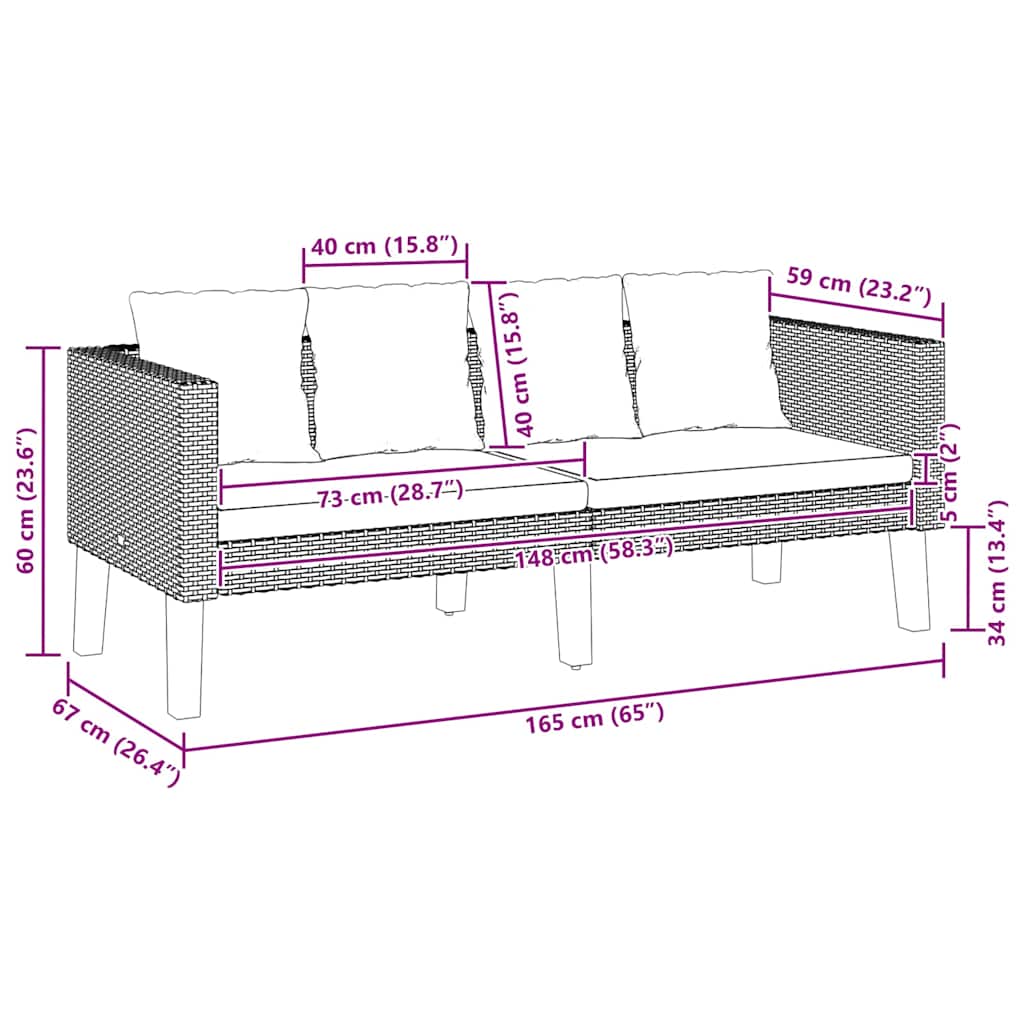 vidaXL Καναπές Κήπου Διθέσιος Μαύρος από Συνθετικό Ρατάν με Μαξιλάρια