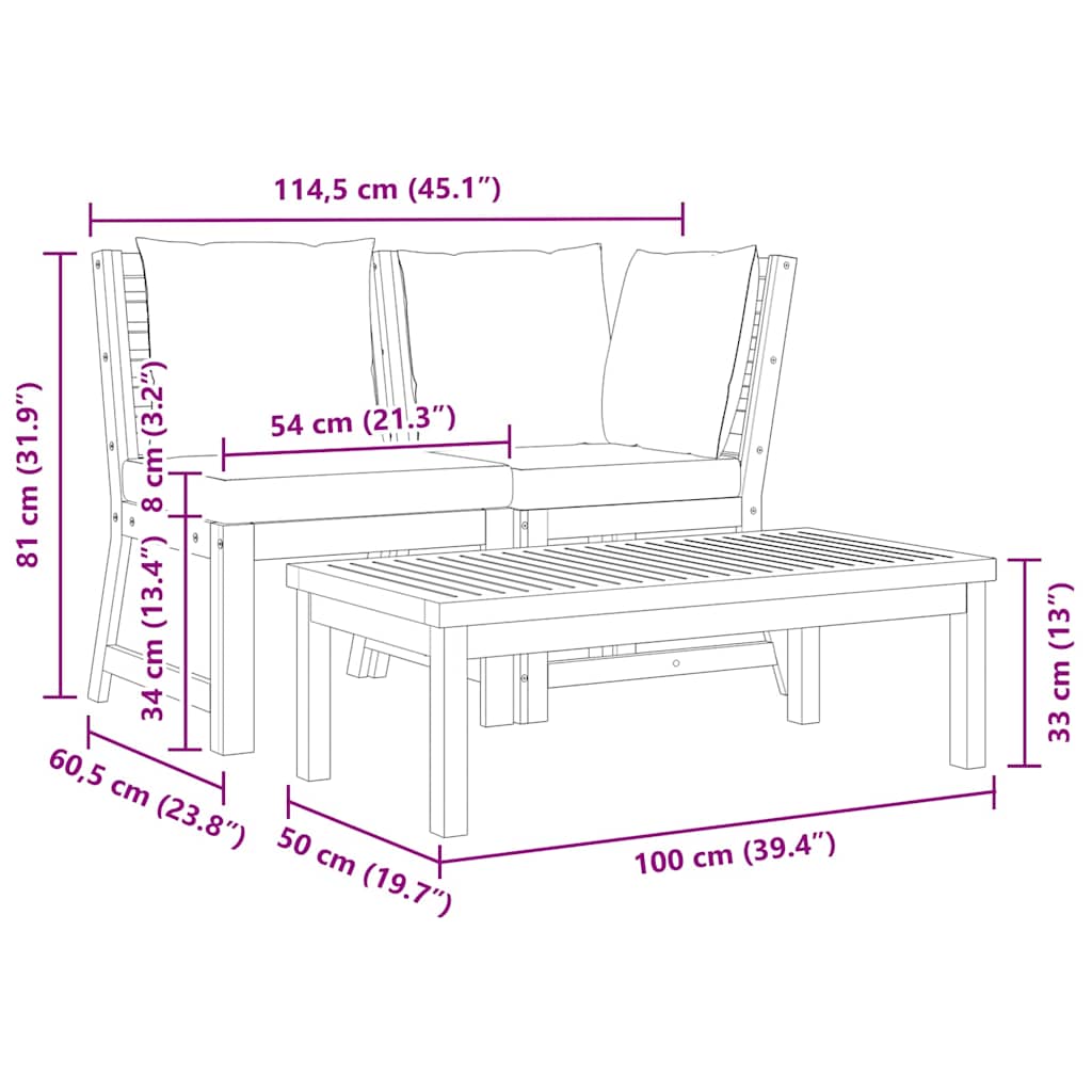 vidaXL Σαλόνι Κήπου 3 τεμ. από Μασίφ Ξύλο Ακακίας με Κρεμ Μαξιλάρια