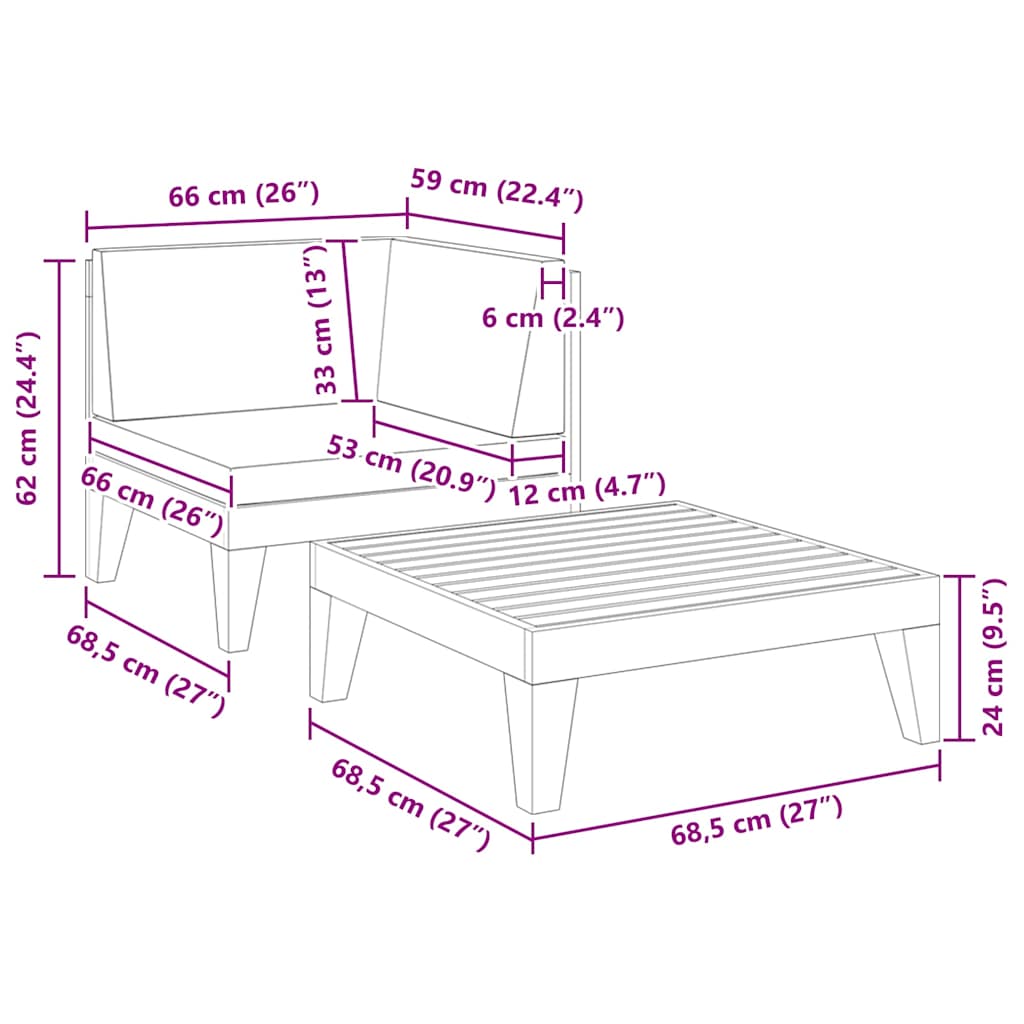 vidaXL Σαλόνι Κήπου 2 Τεμαχίων από Μασίφ Ξύλο Ακακίας με Μαξιλάρια