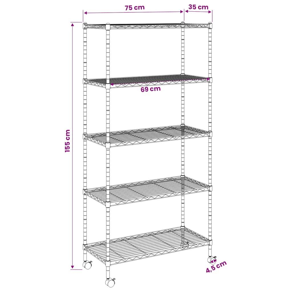 vidaXL Ραφιέρα 5 Επιπέδων με Τροχούς Μαύρη 75x35x155 εκ. 250 κ.