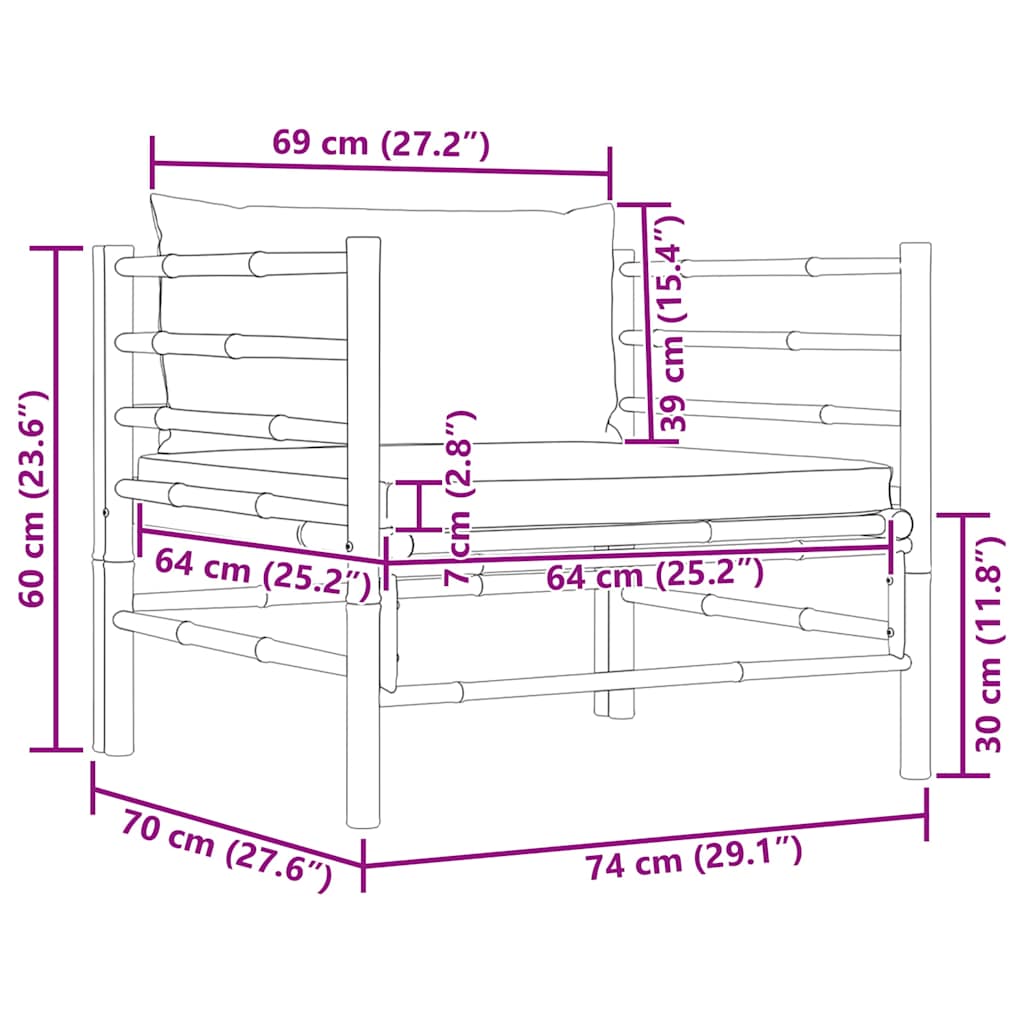 vidaXL Καναπές Κήπου από Μπαμπού με Λευκά Κρεμ Μαξιλάρια