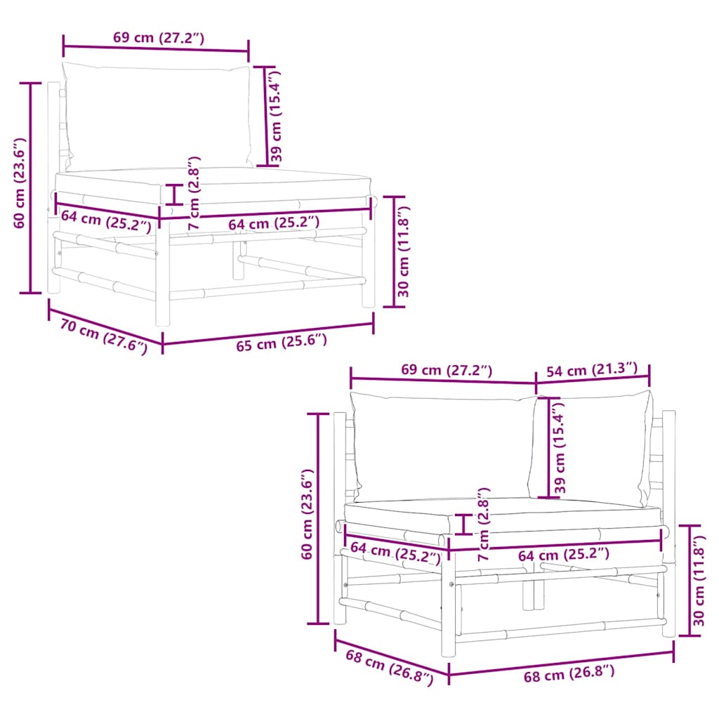 vidaXL Σαλόνι Κήπου 2 Τεμαχίων από Μπαμπού με Σκούρα Γκρι Μαξιλάρια