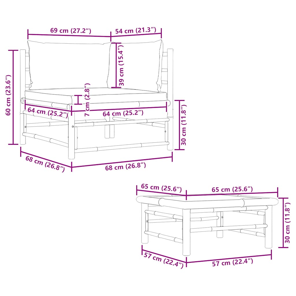 vidaXL Σαλόνι Κήπου 2 Τεμαχίων από Μπαμπού με Σκούρα Γκρι Μαξιλάρια