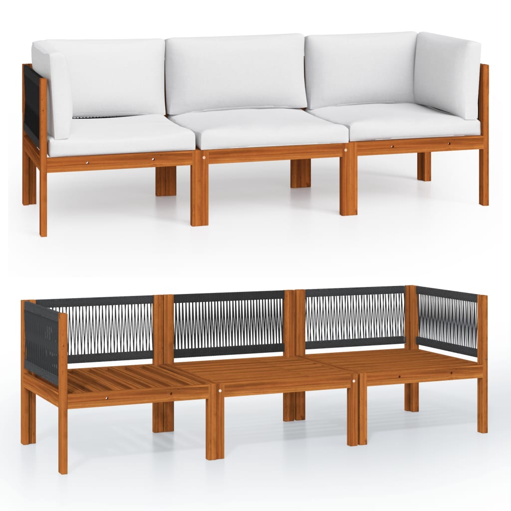 vidaXL Τριθέσιος Καναπές Κήπου με Μαξιλάρι από Ξύλο Ακακίας & Σχοινί