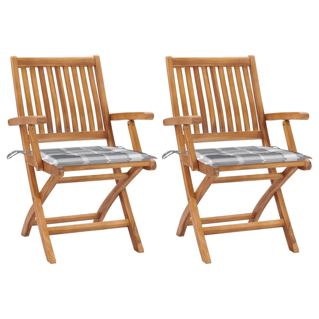 vidaXL Καρέκλες Κήπου 2 τεμ. από Μασίφ Ξύλο Teak & Γκρι Καρό Μαξιλάρια