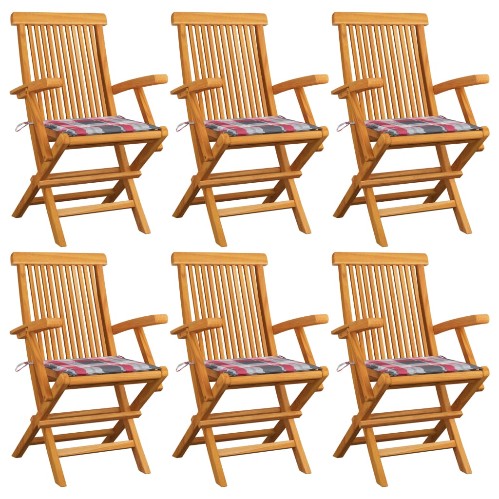 vidaXL Καρέκλες Κήπου 6 τεμ. Μασίφ Ξύλο Teak με Κόκκινα Καρό Μαξιλάρια