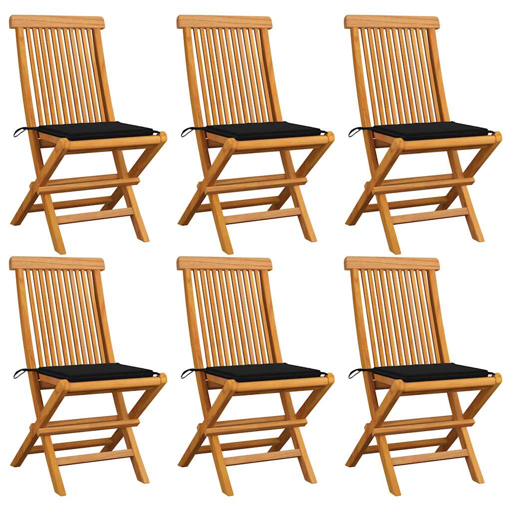 vidaXL Καρέκλες Κήπου 6 τεμ. από Μασίφ Ξύλο Teak με Μαύρα Μαξιλάρια