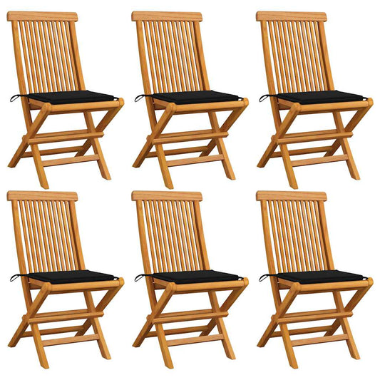 vidaXL Καρέκλες Κήπου 6 τεμ. από Μασίφ Ξύλο Teak με Μαύρα Μαξιλάρια