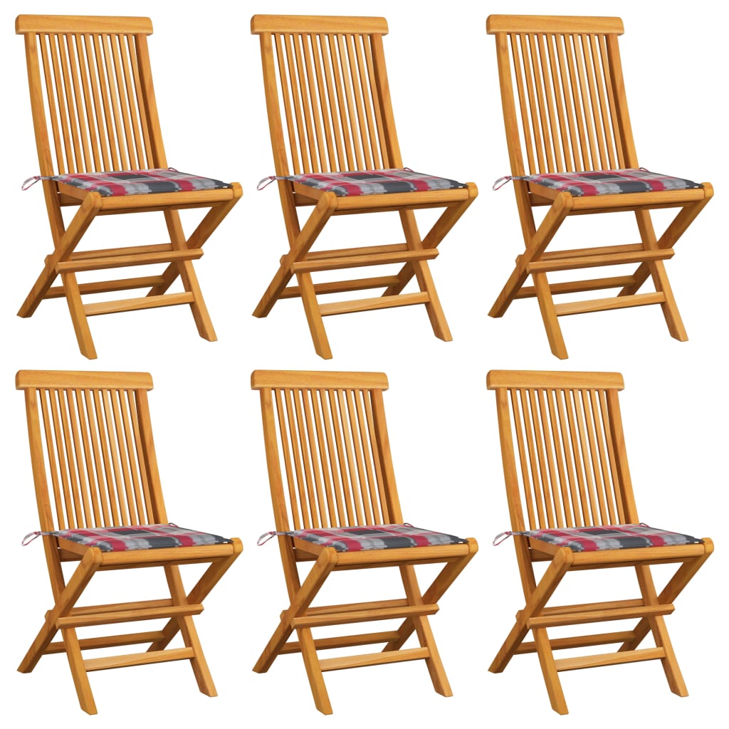 vidaXL Καρέκλες Κήπου 6 τεμ. Μασίφ Ξύλο Teak με Κόκκινα Καρό Μαξιλάρια