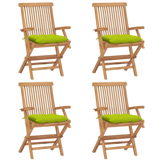 vidaXL Καρέκλες Κήπου 4 τεμ. Μασίφ Ξύλο Teak & Φωτ. Πράσινα Μαξιλάρια