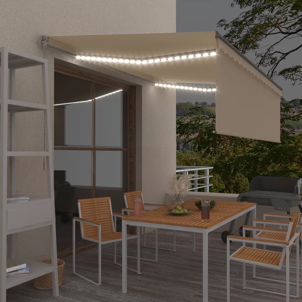 vidaXL Τέντα Συρόμενη Χειροκίνητη με Σκίαστρο & LED Κρεμ 4 x 3 μ.