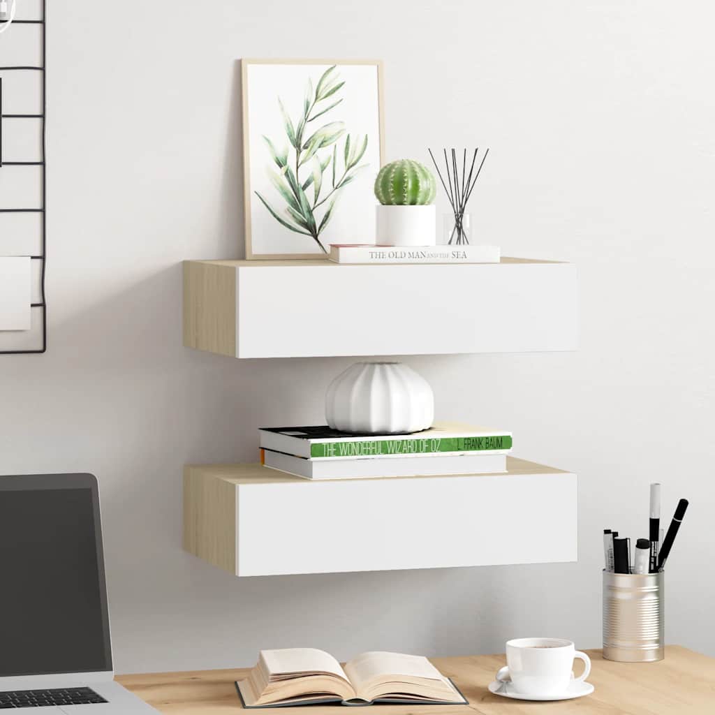 vidaXL Ράφια Τοίχου Συρτάρια 2 τεμ. Δρυς/Λευκό 40x23,5x10 εκ από MDF