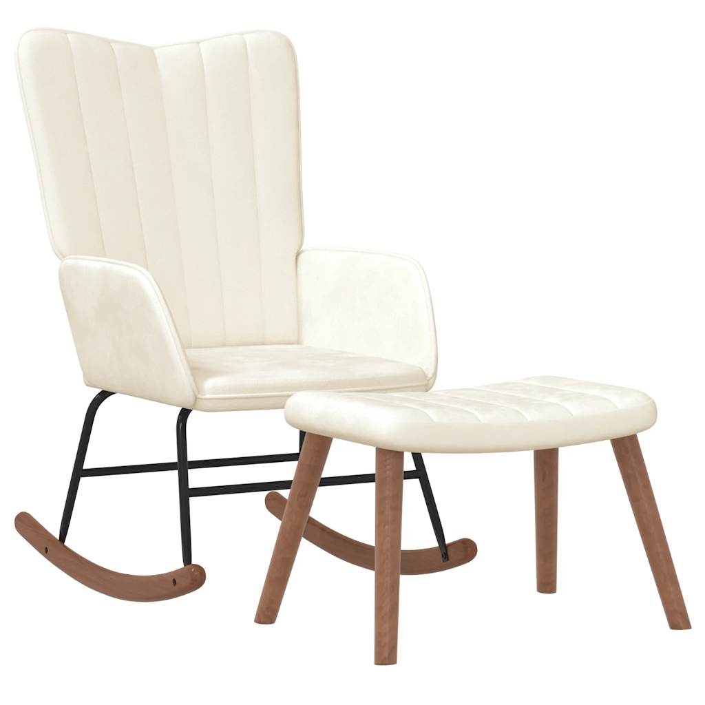 vidaXL Πολυθρόνα Κουνιστή Λευκό Κρεμ Βελούδινη με Σκαμπό