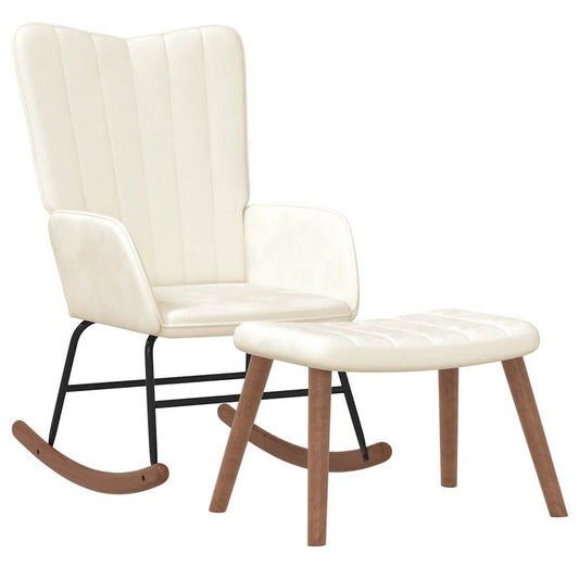 vidaXL Πολυθρόνα Κουνιστή Λευκό Κρεμ Βελούδινη με Σκαμπό