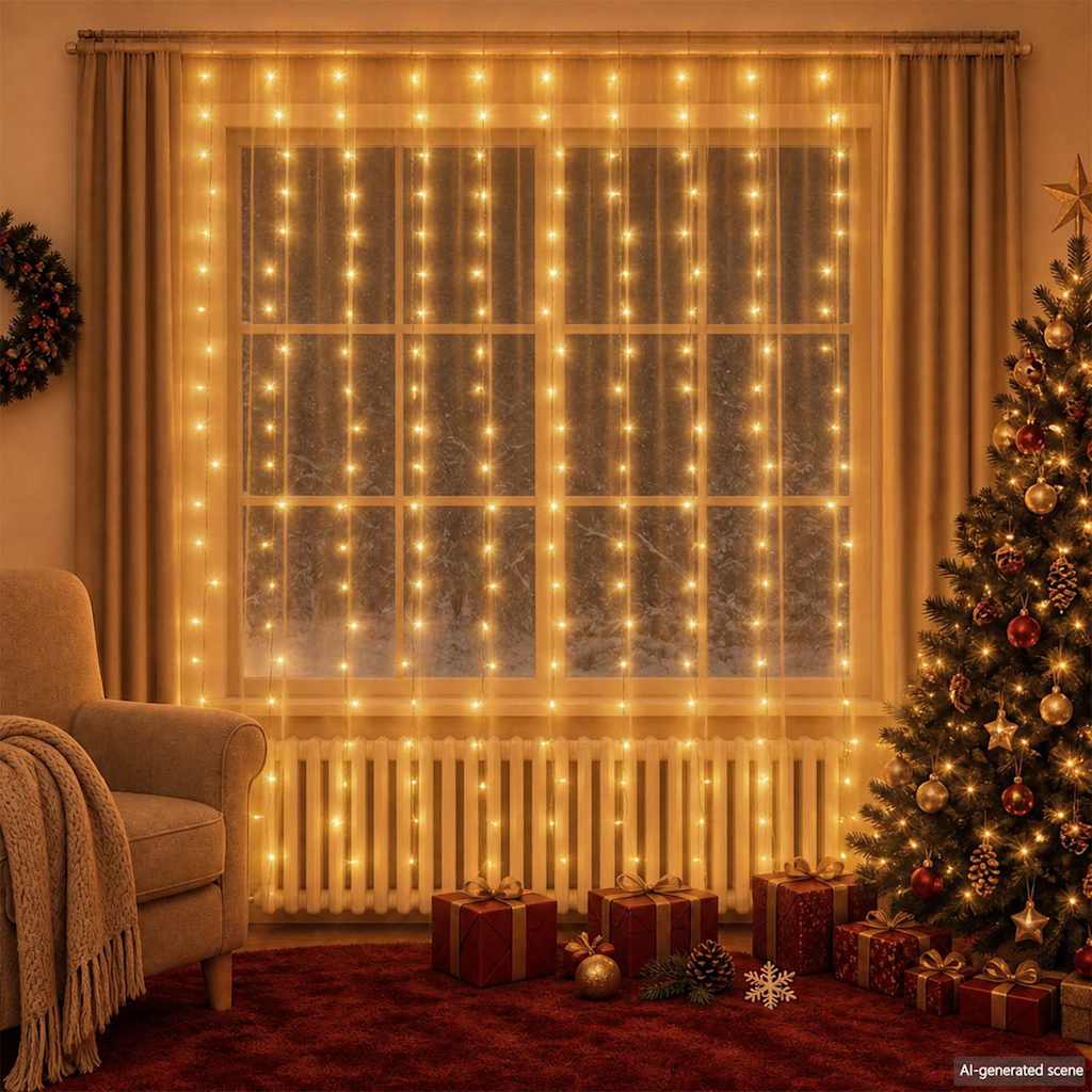 vidaXL Κουρτίνα LED Φωτάκια 300 LED Θερμό Λευκό 3 x 3 μ. 8 Λειτουργίες