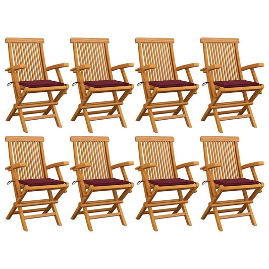 vidaXL Καρέκλες Κήπου 8 τεμ. από Μασίφ Ξύλο Teak με Μπορντό Μαξιλάρια