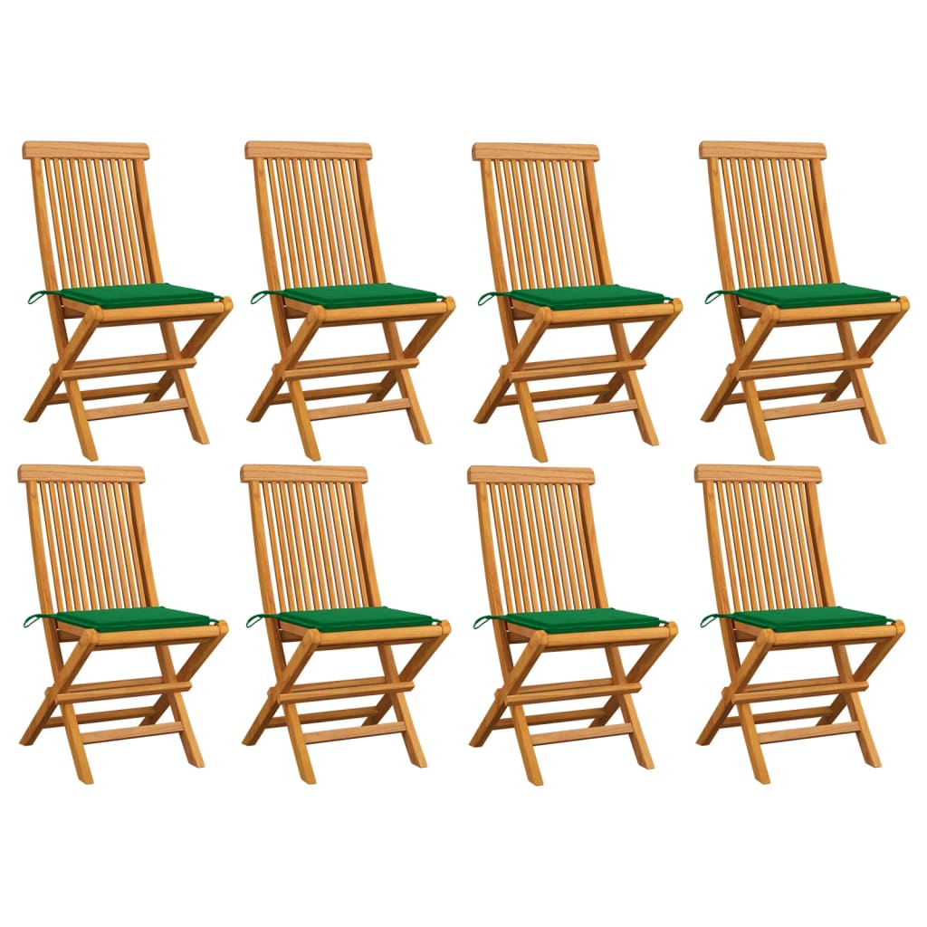 vidaXL Καρέκλες Κήπου 8 τεμ. Μασίφ Ξύλο Teak με Πράσινα Μαξιλάρια