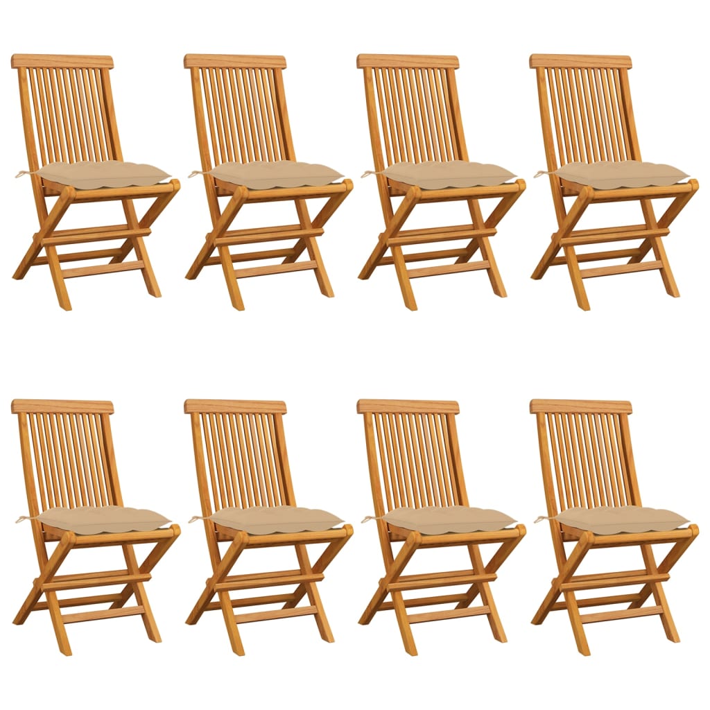 vidaXL Καρέκλες Κήπου 8 τεμ. από Μασίφ Ξύλο Teak με Μπεζ Μαξιλάρια