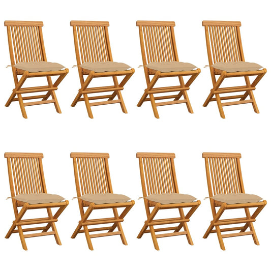 vidaXL Καρέκλες Κήπου 8 τεμ. από Μασίφ Ξύλο Teak με Μπεζ Μαξιλάρια