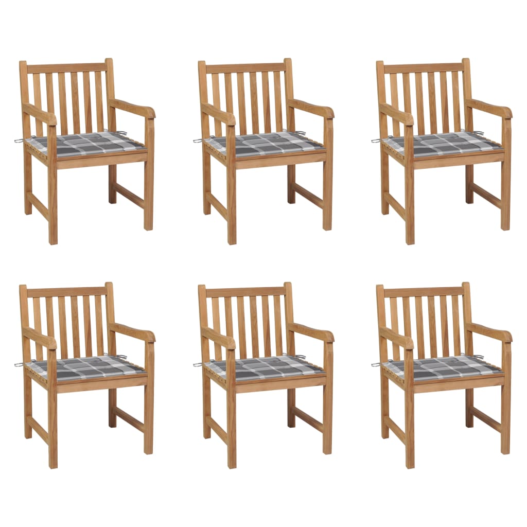 vidaXL Καρέκλες Κήπου 6 τεμ. από Μασίφ Ξύλο Teak & Γκρι Καρό Μαξιλάρια