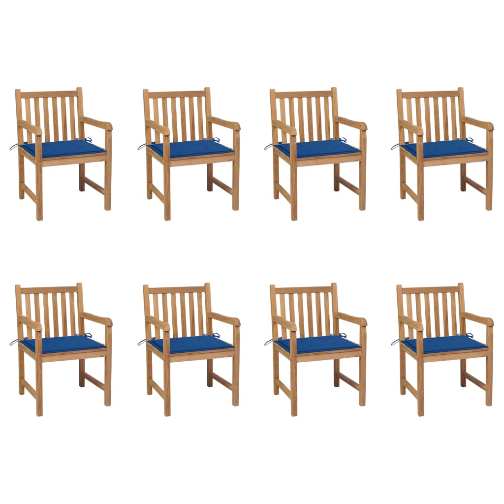 vidaXL Καρέκλες Κήπου 8 Τεμαχίων Μασίφ Ξύλο Teak & Μπλε Ρουά Μαξιλάρια
