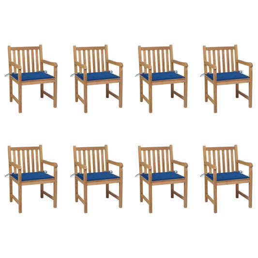 vidaXL Καρέκλες Κήπου 8 Τεμαχίων Μασίφ Ξύλο Teak & Μπλε Ρουά Μαξιλάρια