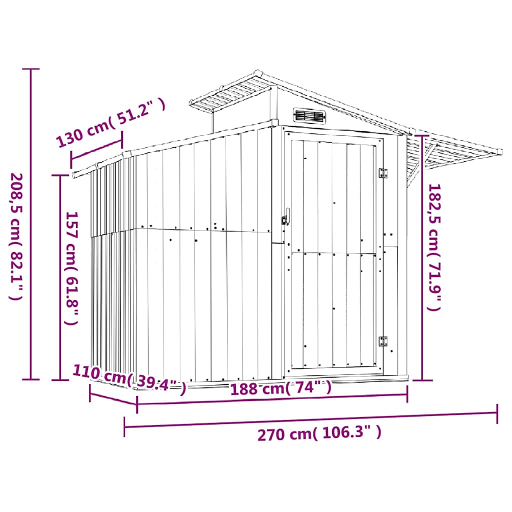 vidaXL Αποθήκη Κήπου Γκρι 270x130x208,5 εκ. Γαλβανισμένο Ατσάλι