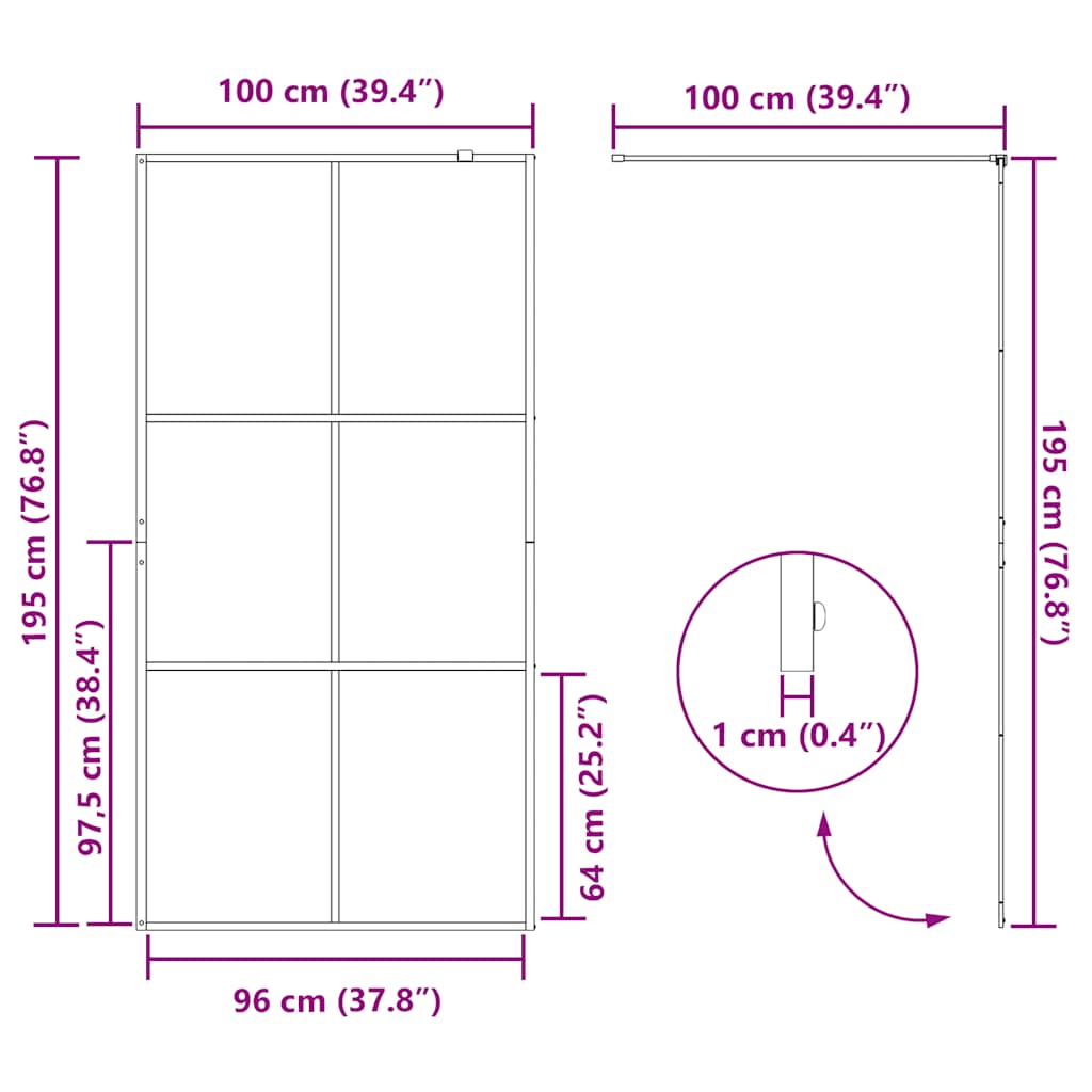 vidaXL Διαχωριστικό Ντουζιέρας Μαύρο 100 x 195 εκ. Διαφανές Γυαλί ESG